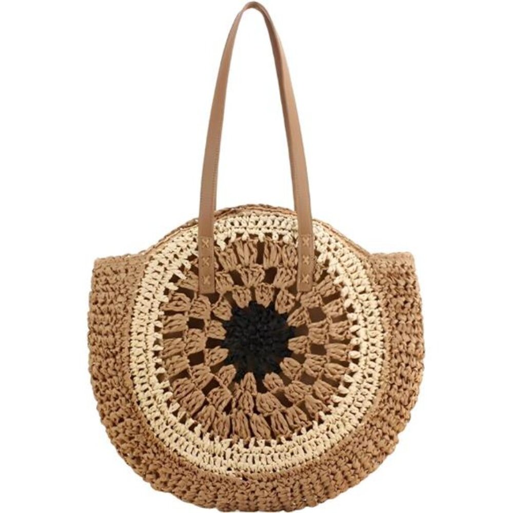 Round Straw Bag Handwoven Natural 01